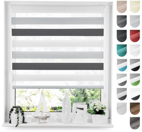 Tom'Shop Doppelrollo Klemmfix ohne Bohren Schwarz-Weiß-Grau 90cm x 130cm | Duo Rollo mit Klemmträger Fensterrollo Seitenzugrollo für Lichtschutz Sichtschutz Sonnenschutz leichte Montage