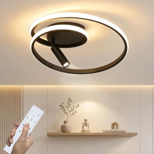 GBLY Deckenlampe LED Deckenleuchte Modern 40cm Küchenlampe Dimmbar | Schlafzimmer Ring Metall Design 37W Küchen Wohnzimmerlampe mit Strahler Schwarz Deckenstrahler Wohnzimmer Lampe Decke