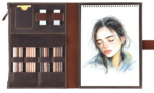 Fasjosma Skizzenbuch-Einband aus Leder für A4, 22,9 x 30,5 cm, Spiralbindung, handgefertigtes Künstleretui aus echtem Leder, mit Stifthalter und Reißverschlusstasche, professionelles Zeichenzubehör