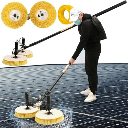 Solar Reinigungsbürste Teleskop für Photovoltaikanlagen,Elektrische Solar Panel Reinigungsbürste mit 7,5 m Teleskopstange,65 cm Doppelbürste,29m Wasserleitung,17m Stromkabel,Solaranlage Reinigungsset