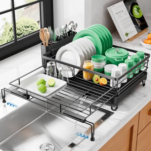 Kitsure Ausziehbares Geschirrabtropfgestell – Rostfreies Abtropfgestell mit Einstellbaren Stützfüßen, Besteckhalter & Abnehmbarem Tablett, 39,5-64,0 cm x 43,0 cm x 20,5 cm, Schwarz