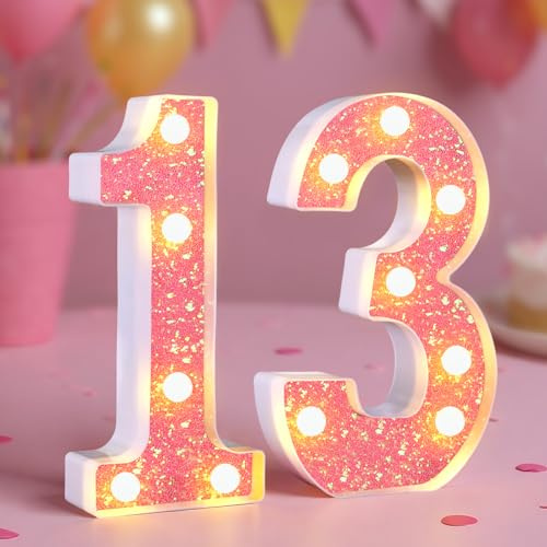 13th Birthday Decorations LED Light Up Numbers, Pink Marquee Number Lights for Girls, Light 13 Sign for Birthday Party Backdrop Anniversary Home Decor