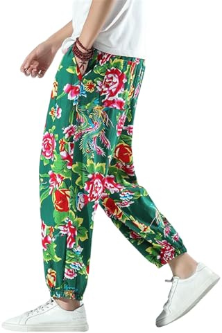 Men's Chinese Ethnic Style Linen Anti-Mosquito Northeastern Floral-Print Lantern Pants EN8 XL