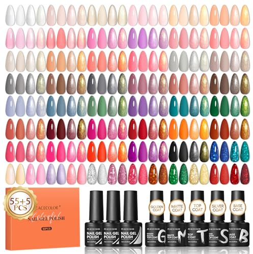 PEACECOLOR 60-delars UV Gellack Set, 55 Färger Glitter & Glans UV Gellack med 5-delars Base Coat & Top Coat - Avtagningsbart Gellack - Startkit Lämpat för Alla Årstider