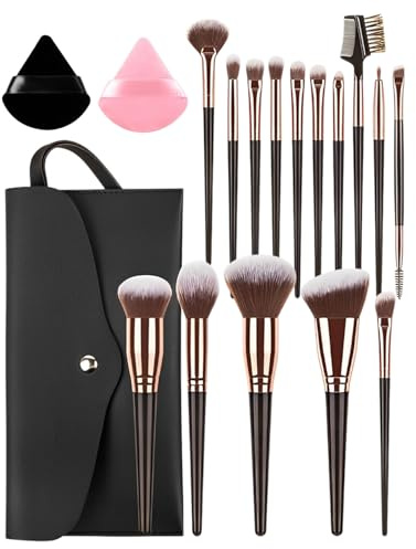 JUKOTA Set Pennelli Trucco, 15 Pezzi Professionale Pennelli Make Up Pennelli con Ombretto Palpebra Eyeliner Mascara Sopracciglia Makeup Occhi per Donna con 2 Piumino per Cipria