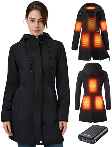 GOTOBI Beheizbare Jacke Damen mit Powerbank 12V 18400mAh, 8 Heizzonen Heizjacke mit 3 Temperaturstufen, Langer Winter-Daunenmantel für Radfahren für Radfahren, Camping & Outdoor-Arbeit,Schwarz,M