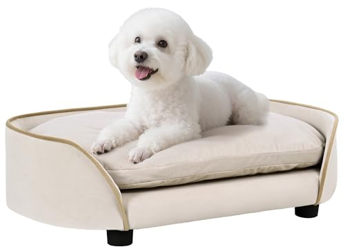PawHut Divano per Cani Divano per Animali Domestici con Cuscino Rimovibile e Fodera Lavabile, in Velluto, 66 x 43 x 19,5 cm, Beige