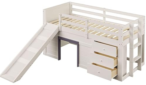 Loftsäng med rutschkana och förvaringsutrymme, MDF-konstruktion i massivt trä, integrerade 3 lådor och 2 dörrar, ribbotten, 15 stycken, multifunktionella möbler med lek- och sovrum (grädde, 90 x 200