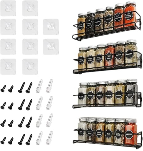 Braozaiw Spice Rack, No-Drill Adhesive Iron Spice Organiser, Wall Mounted Rack, Kitchen Cupboard Storage Shelf for Jars and Herbs