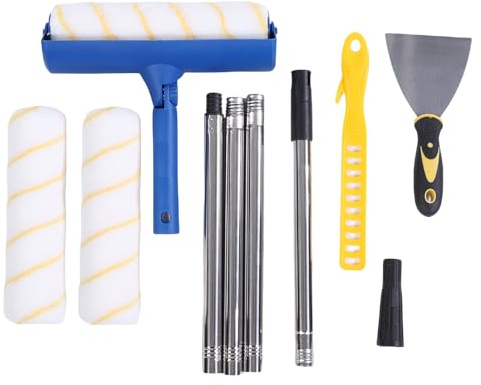 Qcwwy Paint Roller Kit, Stainless Steel Extension Pole Roller Brush Set Splash Proof Design for Painting Ceilings Walls Furniture Garden Items Garages Doors (Blue)