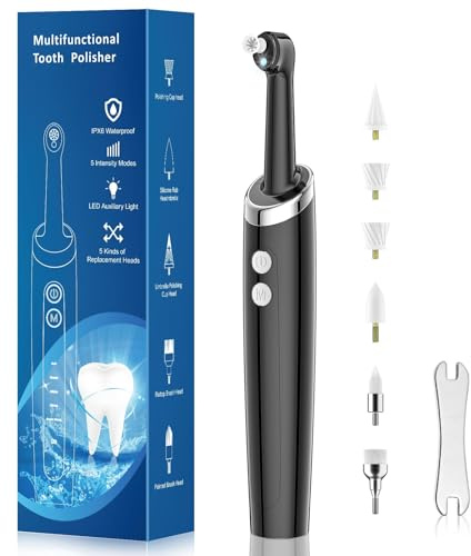 InFanso Tooth Polisher Plaque Remover for Teeth, Teeth Whitening Kit with 5 Brush Heads & 5 Smart Modes to Effectively Remove Stains and Teeth Yellowing, Rechargeable, Waterproof, Matt Black