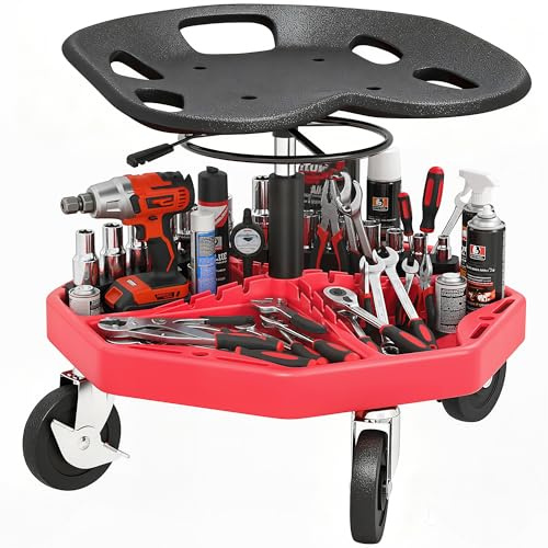 HOMCOM Taburete de Taller Móvil con Bandeja Magnética, Altura Ajustable de 52–59,5 cm, Carga 135 kg, Asiento Taburete para Mecánico con Ruedas, para Garaje, Reparación de Automóviles, Rojo
