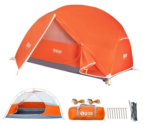 QEZER campingtält, ultralätt kupoltält, vattentätt och vindtätt, lämpligt för tre/fyra årstider, kompakt storlek, perfekt för vandring, camping och utomhusaktiviteter (Orange 1 personer)