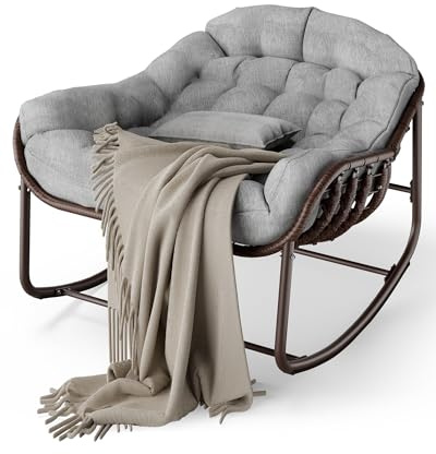 GarveeHome Outdoor Patio Schaukelstühle, Überdimensionierter Papasan-Schaukelstuhl für Innen mit Gepolstertem Kissen - Ei-Schaukelstuhl für Wohnzimmer, Veranda, Garten, Terrasse, Hinterhof