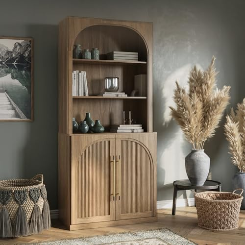 BELLEZE Tall Arched Storage Cabinet with Hutch,Modern Bookcase with Drawers,Freestanding Display Shelf with Fluted Design,Wood Highboard for Living Room,Kitchen Pantry,Home Office - Camel