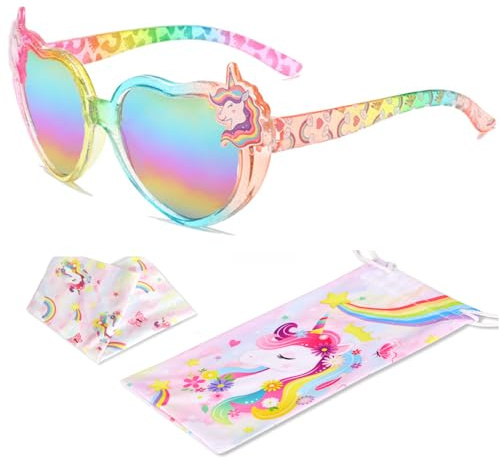 Beipegin Solglasögon för flickor enhörning hjärtform ultraviolett UV-skydd solglasögon med fodral mjuka glasögon för roliga festglas för flickor, Licorne E, Taglia unica