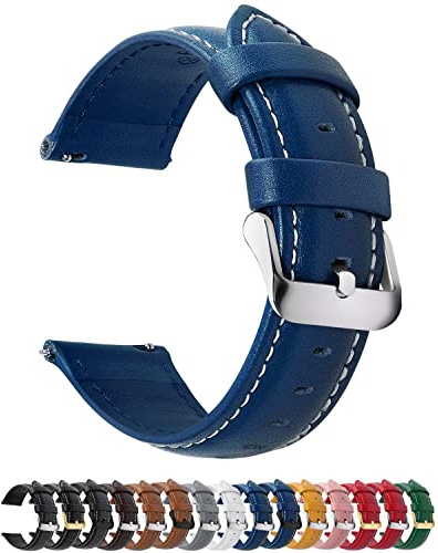 12 Farben Uhrenarmband 18mm Lederarmband für Smartwatch Universal-Uhr | Schnellverschluss Vintage Ersatzrmbänder mit Edelstahl Schließe,Zubehör für Herren Damen,Dunkelblau+silberfarbene Schnalle