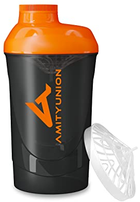 AMITYUNION Shaker Deluxe - Proteína Shaker a prueba de fugas - BPA libre y con la escala tamiz de polvo de proteína de suero cremoso sacude (negro naranja 800ml)