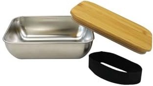 Fackelmann 683332 Lunchbox pour micro-ondes en inox 700ml, Boite repas pour le midi, Acier inoxydable, Couvercle en bambou, 17x13x5,5cm | Repas à réchauffer, Inox compact, 700 ml pour bureau, 16,7 x 12,2 x 5,5 cm, Lave-vaisselle
