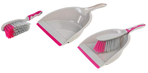Kleeneze COMBO-4809 Deluxe Space Saving Dustpan and Brush Set of 2 - Sweeping Cleaning Broom with Soft Grip Handle, Compact Dustpan with Rubber Lip, Soft Broom, Collecting Dirt and Dust, Grey/Pink