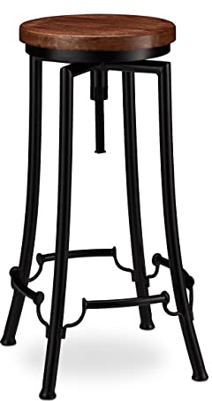 Relaxdays Barhocker Industrial, Tresenhocker drehbar, schwarz/braun | hoher Vintage Hocker, höhenverstellbar bis 77,5 cm