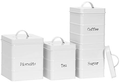 Harbour Housewares Metal Kitchen Canisters Set - White - 4pc Set - Vintage Loose Tea Coffee Beans Granulated Sugar Storage Container Biscuit Tin Caddy Kitchen Storage with Airtight Lid
