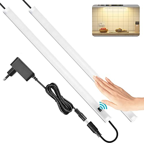 SOAIY 2x40cm Luz bajo mueble cocina con sensor movimiento de la mano, Iluminacion ajustable led cocina bajo mueble, luz para armario con enchufe, Blanco Cálido 3000K