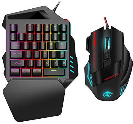 Combo de ratón con Teclado para Juegos con una Sola Mano, 1000-5500 dpi Ajustable Juego de Jugador para PC Combo Teclado para computadora Combo de Mouse Luz de Fondo de Color LED para XP