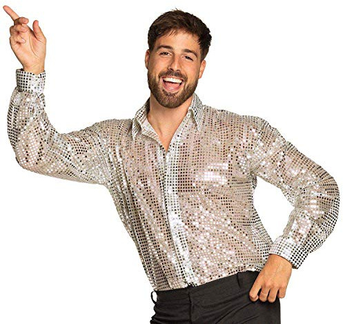 Boland - Disco Shirt Herren mit Pailletten | Glänzendes Hemd in Silber für Kostüm, Karneval und 70er Jahre Mottoparty
