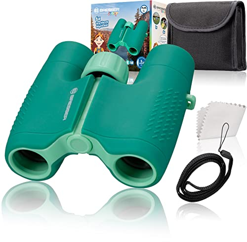 Bresser Junior Fernglas für Kinder 6x21 mit robustem gummiarmierten Fernglaskorpus und Mitteltriebfokussierung inklusive Gürteltasche und Trageschlaufe, grün