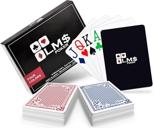 LM$ Pokerkarten Plastik Profi 4 Farben mit Cut Card - [2 x] hochwertige Pokerkarten 54 Blatt - wasserfeste und stabile Spielkarten im Doppelpack – Plastikkarten mit Jumbo Index