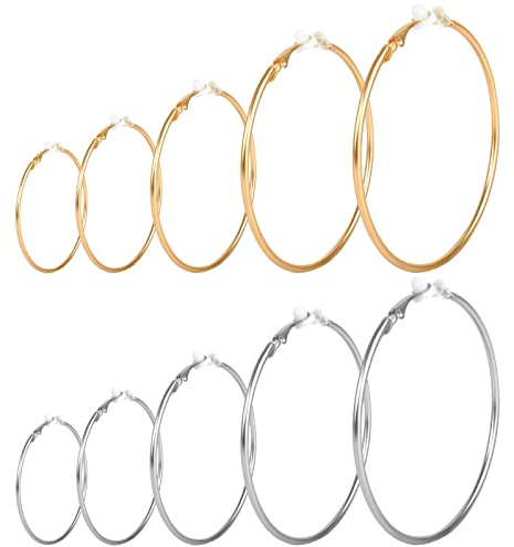 Anruyi 10 Pairs Clip On Hoop Earrings, Fake Earrings Hoops Multi Size Spring Hoop Earrings Non Pierced Earrings Lip Ear Clip for Women and Girls, Gold and Silver, 30-70MM