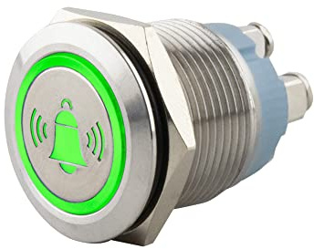SeKi Pulsador de acero inoxidable de 19 mm de diámetro con forma de cabeza plana, símbolo de campanas iluminadas de colores en conexión de tornillo verde, pulsador de timbre.
