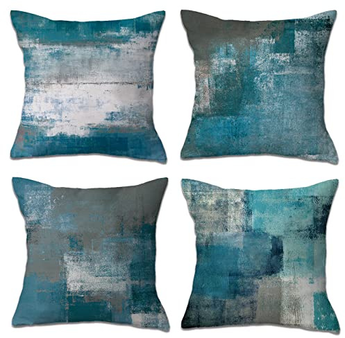 OCEUMACO Leinen Kissenbezug 40x40 Modern Abstrakt Muster Kissenhülle 4er Set Quadratisch Sofakissen Dekokissen Bezug für Couch Sofa Kissen Kissenbezüge Outdoor Deko Zierkissen Couchkissen - Blau