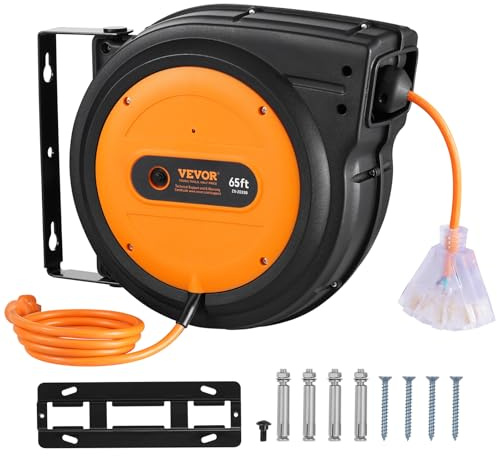VEVOR Retractable Extension Cord Reel, 65 FT, Heavy Duty 12AWG/3C SJTOW Power Cord, with Lighted Triple Tap Outlet, 15 Amp Circuit Breaker, 180° Swivel Bracket for Ceiling or Wall Mount