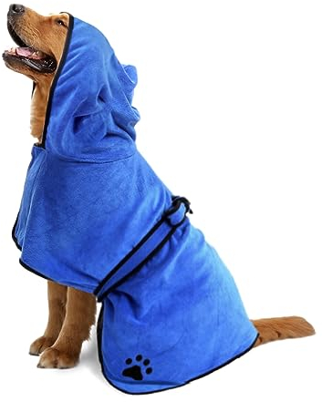 COMFPET Hunde-Bademantel mit Kapuze, Saugfähiger Hunde Bademantel zum Trocknen nach dem Baden, Handtuch für Katzen und Hunde Aller Rassen, L (blau)