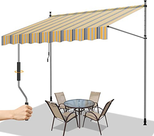 Gimisgu Klemmmarkise, 300x120cm mit Handkurbel Balkon, Balkonmarkise ohne Bohren, Höhenverstellbar Markisen,UV-beständig, Sonnenschutz Wasserdicht, Einziehbar, Einfache Montage, Gelb Blau