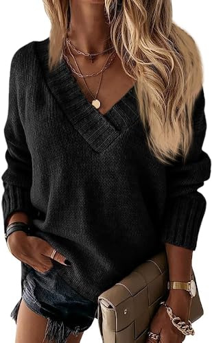 Wenrine Pull d'hiver à Manches Longues et col en V pour Femme - Sexy - Couleur Unie, Noir, S