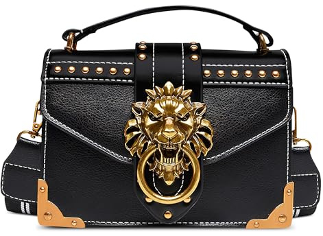 DEEVORCA Ausgefallene Damen Handtasche – wasserdichte PU Leder Schultertasche mit Vintage Löwenkopf Deko, Abnehmbarem Crossbody Riemen | Elegant für Arbeit, Urlaub & Date (Punkschwarz)