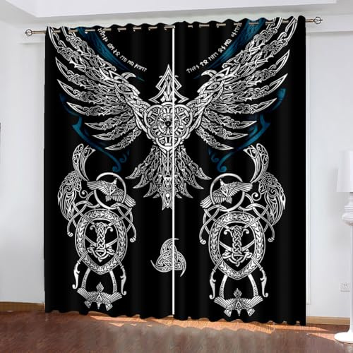 WIKINGER Gardinen ösenschal 2er Set B 220 X H 215 cm 3D Rabe Vorhang Blickdicht Kälteschutz Schallschutz Verdunkelung Wärmeisolierende Vorhänge für Wohnzimmer Schlafzimmer