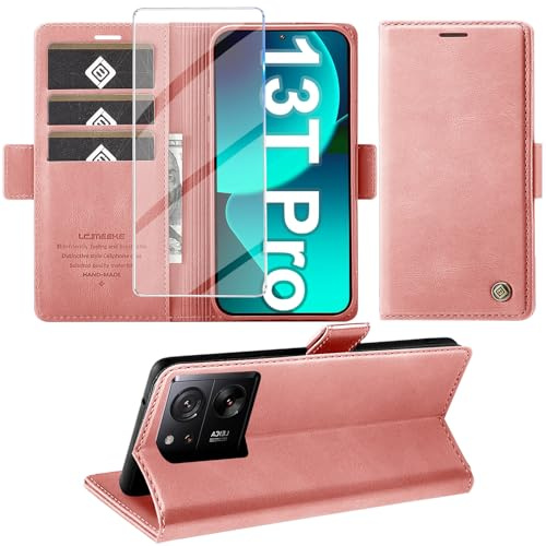 Giyer Handyhülle für Xiaomi 13T/13T Pro Hülle mit Schutzfolie, Schutzhülle 13T Pro 5G PU Leder Wallet Flip Case Ständer Kartenfach Klapphülle für Xiaomi 13T Pro/13T Tache Full Cover (Rosa)