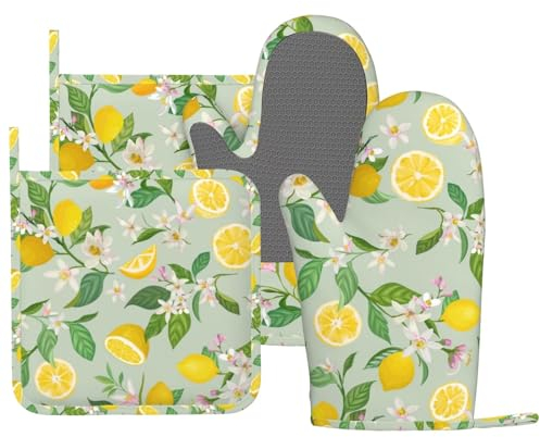 DYCBNESS Lemon Oven Mitts Pot Holders Set Silicone Lemon Paper Yellow Citrus Fruit Lemons Kitchen Oven Mitts Heat Resistant Potholders Non-Slip 4pcs Hot Pads and Oven Gloves Sets for Baking,Grilling