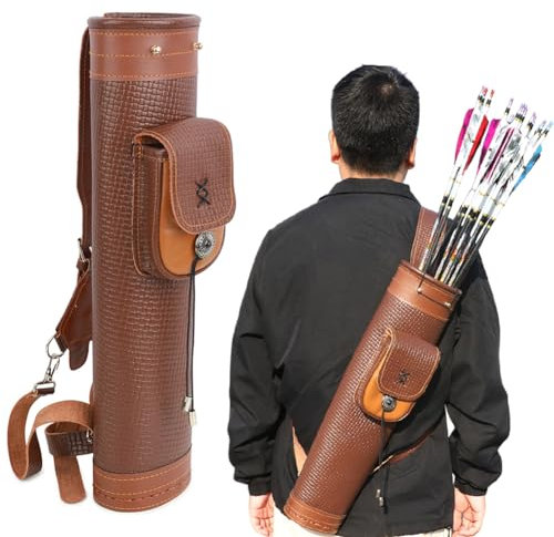 SHARROW Bogenschießen Rückenköcher Rindsleder Traditioneller Pfeile Köcher mit Tasche Einstellbar Leder Pfeile Halter Pfeilköcher für Reiten Schießen Outdoor-Jagd (Braun)