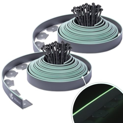 VOUNOT® Plastic Lawn Edging Border with 60 Ground Anchors, 20m Flexible Garden Edging Strip for Grass, Paths, Gravel or Flower Beds, Weatherproof Landscape Border, 5cm High, Grey & Green Outline Edge