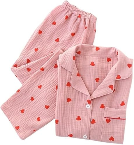 MANGGUO Revers Pyjama Set Für Damen, Pfirsich Herz Muster, Twosie Pyjama Set, Lässige Baumwolle, Langärmelig, Oberteile, Hosen, Weiche Nachtwäsche, Loungewear, Frühling, Herbst, Winter, Rosa, M