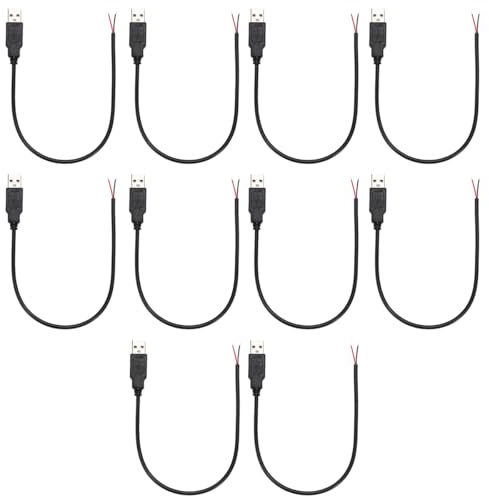 Greluma 10 Pz Pigtail USB da 0,3 m, cavo USB 2.0 a 2 fili 22 AWG, estremità aperta a filo nudo a 2 pin, cavo USB maschio da 0,3 metri, cavo di alimentazione con presa USB 12 V 3 A