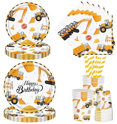 Aitsite 50 Stück Baustelle Partygeschirr Set, Technik Partyteller Geburtstag für 10 Gäste, Baustelle Party Deko Set, Kindergeburtstag Teller Becher Servietten