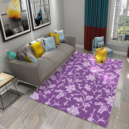 Kinderteppich Lila Pflanzenblüten - Kurzflor Teppich Kinderzimmer Spielteppich Antiallergen Und Extra Weich - Babyzimmer Teppiche Für Junge Und Mädchen Babyteppich 80 X 160 cm -3I3T6X8