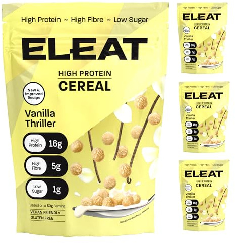 ELEAT | High Protein Low Sugar High Fibre Cereal | Vanilla Thriller | Muscle Recovery Healthy Gluten Free Vegan Breakfast | Complete Plant Protein | Low GI Carbs High Protein Cereals |4 x250g
