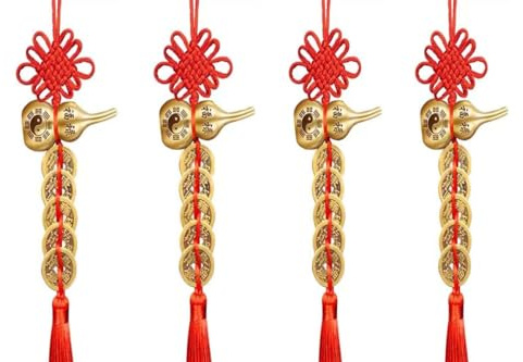 FAGEGFA 4pcs Fu Lu Pure Copper Gourd Pure Copper Five Emperor Money China Knot Door to Door Pendant Tassel Gift to Loved One, Friend Pendant Housewarming New Home Transfer Festival